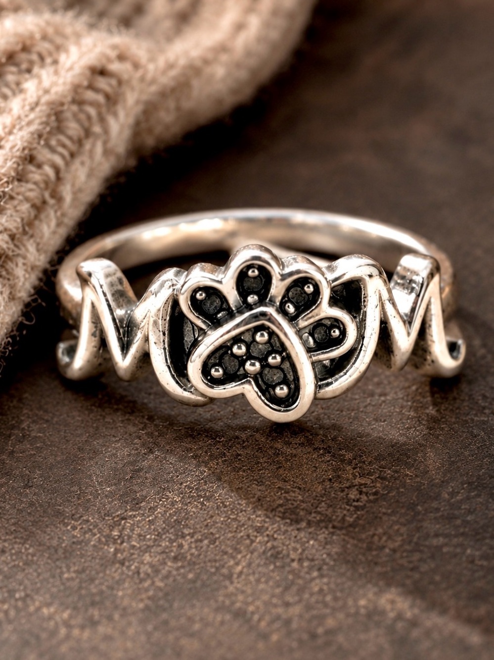 Dog Mom Paw Print Ring Sterling Silver Black Diamond Kay Jewelers Size 7